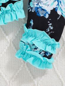 Baby Girl Blue Floral Print Puff Sleeve Sweater And Pants, Autumn Winter - Blue - View 3