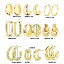 Conjunto de 9 pares de brincos de argola dourada para mulheres, meninas, brincos de argola torcidos dourados, banhados a ouro 18K para mulheres, meninas, presente leve com caixa