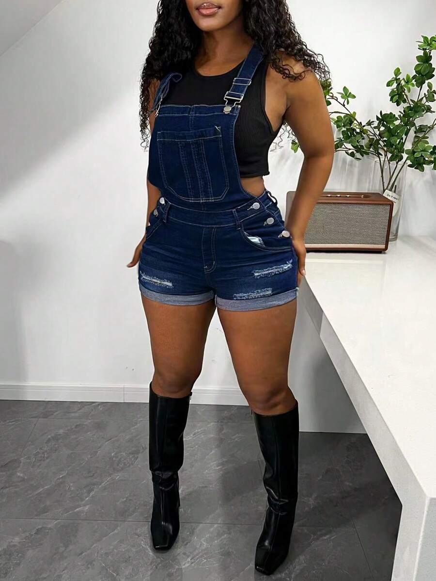 Women's Rolled Edge Ripped Denim Jumpsuit, High Waisted Lace Up Shorts, Jumpsuit - 藍色 - 查看 1
