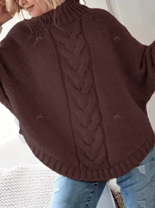 Plus Size Solid Color Cable Long Sleeve Casual Pullover Sweater, For Winter