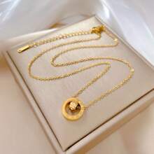 18K Titanium Steel Six-Diamond Roman Necklace For Women, Internet Celebrity Clavicle Chain That Does Not Fade, Wholesale With Roman Numeral Double Ring Pendant - Vàng - Xem 11