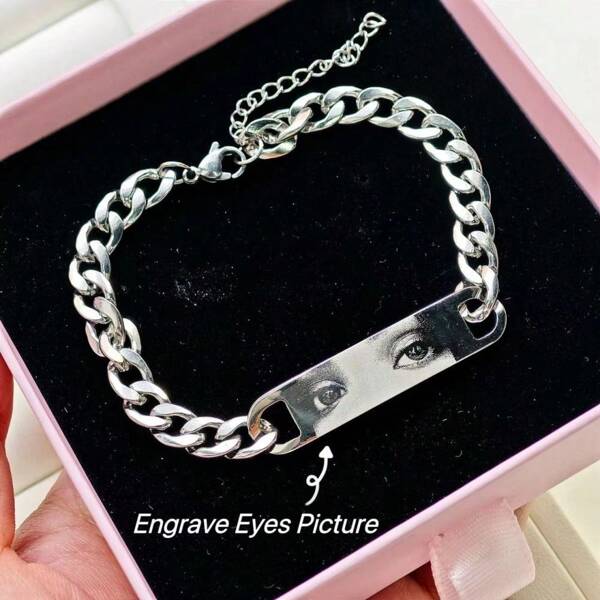 Gravierbare Edelstahl-Geschenke für Jahrestage, Paare Foto-Geschenk, individualisierbare Armband mit Menschen-Auge, stilvolle, vintage, kompakte, einfache, unisex, punk-artige, personalisierte, einzigartige Geschenkideen für Ihn, Sie, Freund, Freundin, Papa, Mama, Familie, Freunde, Haustiere, Großeltern, Sohn, Tochter für Jahrestage, Geburtstage, täglichen Gebrauch, Abschlussball, Vatertag, Muttertag, Valentinstag, Abschluss, Hochzeit