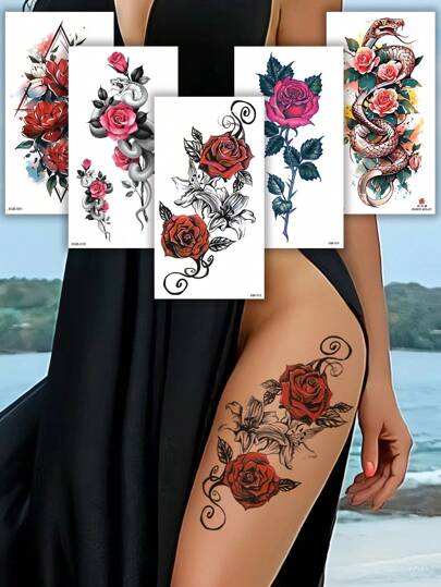 5张彩色花兽图案临时纹身贴纸，防水防汗，适用于手臂、大腿、腹部、背部，非常适合情人节、约会、派对、郊游等场合。