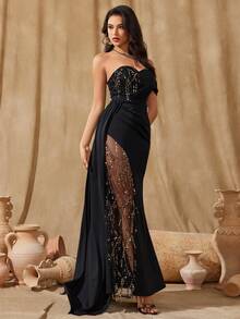 Vestido de noche con bandeau con lentejuelas, vestido de fiesta, vestido de invitado de boda, vestido de gala - Negro - Ver 4