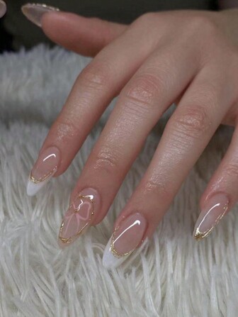 10 片手工杏仁裸白色法式尖头金色镜面粉蝴蝶结可爱 3D 精致极简主义奢华假指甲按压指甲美甲用品指甲