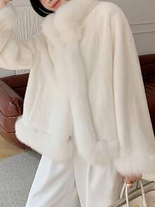 Women's Solid Color Stand Collar Mink Velvet Jacket - White - View 2