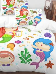 1set Mermaid Sister Pattern Bedding Set, Synthetic Fiber Duvet Cover - Multicolor - View 3