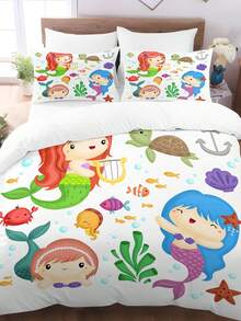 1set Mermaid Sister Pattern Bedding Set, Synthetic Fiber Duvet Cover - Multicolor - View 4