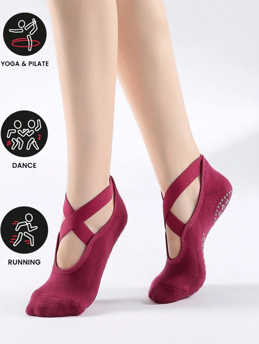 Tất thuyền chống trượt thời trang có lót nhiệt mềm mại ấm áp Ballet Criss-Cross Straps mũi tròn - Màu Đỏ Sâu - Xem 1
