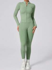 1 Set Women's Fashion Matte Long Sleeve Long Pants Workout Set, Ribbed Zip Sports Suit For Outdoor Shapewear - Army Green - View 6