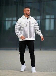 Jaqueta masculina minimalista com padrão de listras xadrez 3D para atividades ao ar livre, adequada para todas as estações