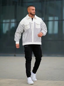 Jaqueta masculina minimalista com padrão de listras xadrez 3D para atividades ao ar livre, adequada para todas as estações