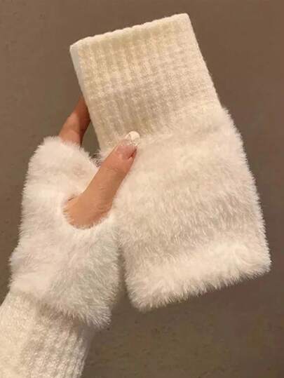 1 Pair New Mink Fleece Half Finger Gloves For Women's Soft Winter Warmth Luxury Solid Color Plush Knitted Fingerless Gloves