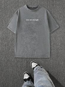 Men's Casual Loose Fit Slogan Print Short Sleeve T-Shirt, Summer - Light Grey - View 2