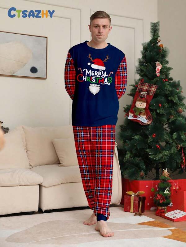 2 stuks heren kerstmuts en baard cartoon letter print geruite top met lange mouwen en geruite broek nachtkledingset