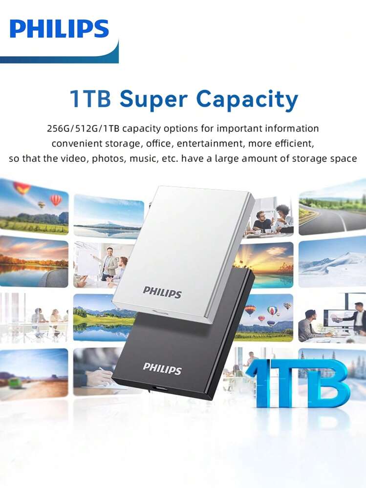 PHILIPS 1TB ポータブルSSD、USB 3.2外付けソリッドステートドライブ