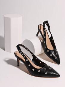 Women Black Slingback Heels Studded Eyelet Pointed Toe Slip On Hollow Out Stilettos High Heel Pumps Shoes Dressy - 黑色 - 查看 5