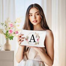 Bolsa de maquiagem com estampa floral e de letras chique de outono - Bolsa de cosméticos de lona reutilizável e moderna com grande capacidade Bolsa de armazenamento de viagem para mulheres Bolsas de grife, bolsa de cosméticos de viagem portátil personalizada com zíper, ideal para bolsa de festa de casamento e presente feminino, bolsa de papelaria escolar, presente de festa Bolsa de maquiagem para itens essenciais de viagem Bolsas de maquiagem Organizador de maquiagem Organizador de maquiagem Armazenamento de maquiagem Bolsa de maquiagem Bolsa de maquiagem - Branco - Ver 1