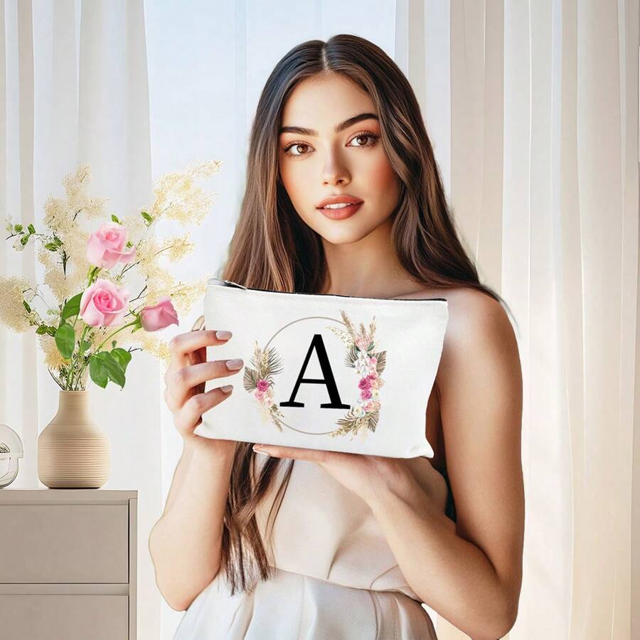 Bolsa de maquiagem com estampa floral e de letras chique de outono - Bolsa de cosméticos de lona reutilizável e moderna com grande capacidade Bolsa de armazenamento de viagem para mulheres Bolsas de grife, bolsa de cosméticos de viagem portátil personalizada com zíper, ideal para bolsa de festa de casamento e presente feminino, bolsa de papelaria escolar, presente de festa Bolsa de maquiagem para itens essenciais de viagem Bolsas de maquiagem Organizador de maquiagem Organizador de maquiagem Armazenamento de maquiagem Bolsa de maquiagem Bolsa de maquiagem - Branco - Ver 1