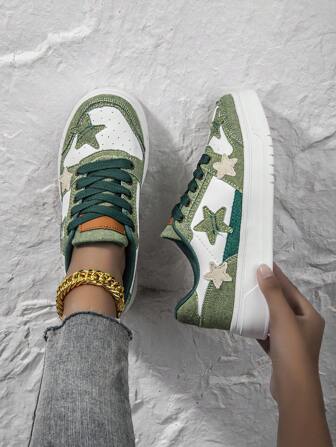 Spring Unisex Star Pattern Canvas Lace-Up Platform Sneakers For Women, Fashionable Casual Athletic Shoes