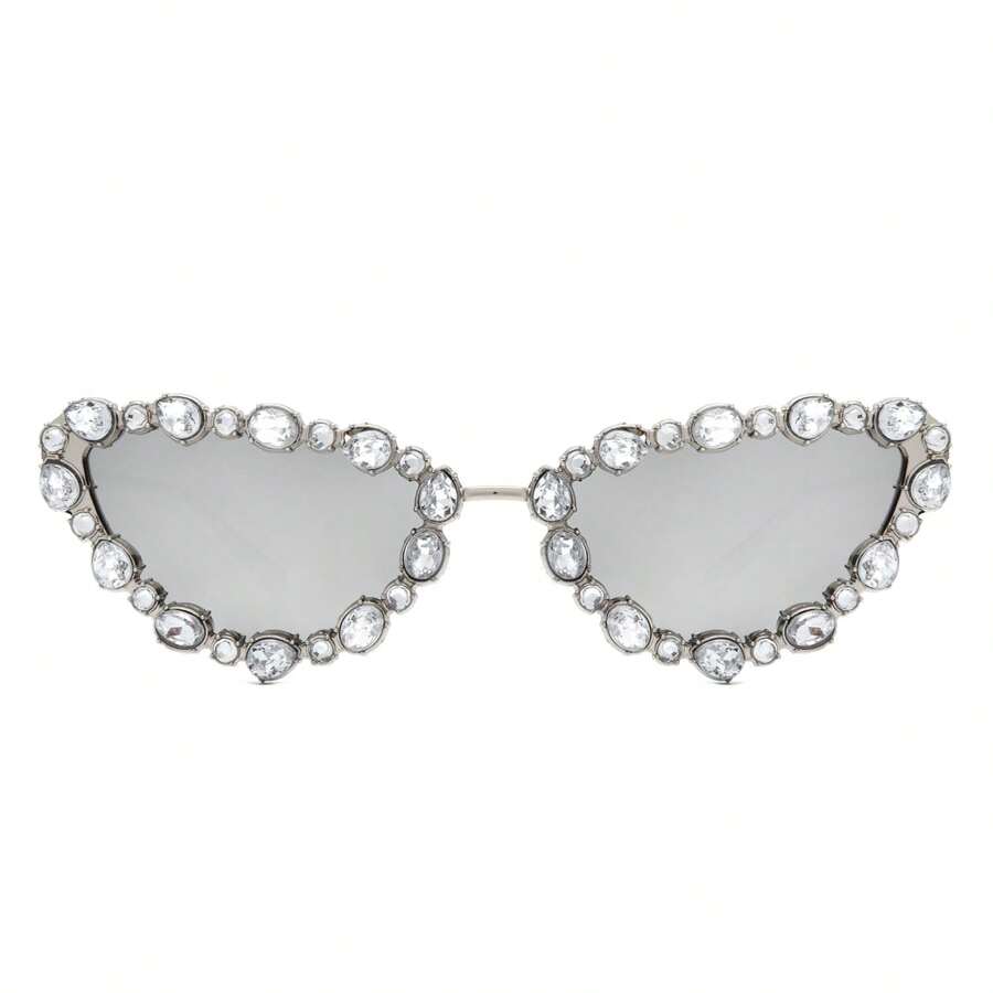 Cat Eye Sunglasses Rhinestone Embellished Luxury Frame With Polarized UV Mirrored Lenses, Glamorous Women's Designer Glasses For Women's Luxury Vibes, Evening Events, Celebrations, Weddings And Red Carpet Looks - 銀色 - 查看 1