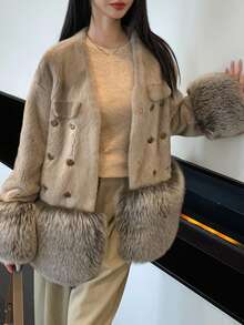 Women's Solid V-Neck Mink Cashmere Cardigan - Grey - View 2