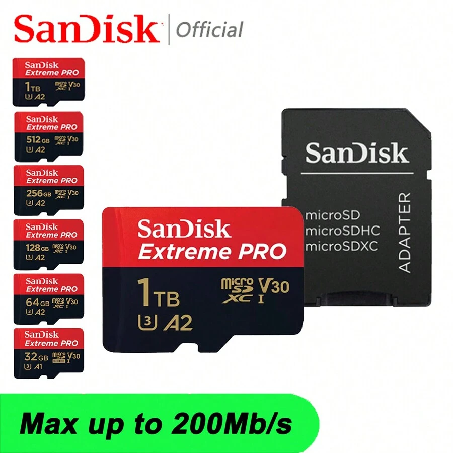 SanDisk Micro SD 存储卡 TF 闪存卡 1TB 512GB 256GB 128GB 64GB 32GB，U3 4K V30 A2 TF 卡 MicroSD 卡，适用于手机、相机、显示器、无人机、游戏、200M/s 读写速度