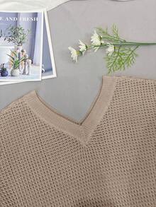 Women's V-Neck Long Sleeve Waffle Knit Open Shoulder Pullover Sweater - Khaki - View 10