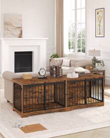 HEXCELEN 78" Dog Crate Furniture With Divider, Dog Crate Barn Door, Dog Kennel Indoor, Wood Dog Crate For 2 Dogs Small/Medium/Large Dog, End Side Table, Anti-Chew Anti-Escape, Rustic Brown - Rust Brown - View 2
