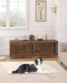 HEXCELEN 78" Dog Crate Furniture With Divider, Dog Crate Barn Door, Dog Kennel Indoor, Wood Dog Crate For 2 Dogs Small/Medium/Large Dog, End Side Table, Anti-Chew Anti-Escape, Rustic Brown - Rust Brown - View 9