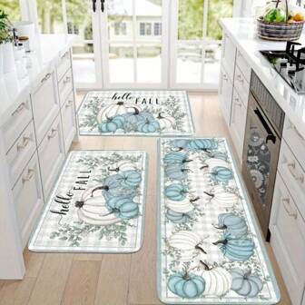 2/3pcs Pumpkin And Plaid Design Kitchen Rugs, Washable And Anti-Slip, For Thanksgiving Home Decor