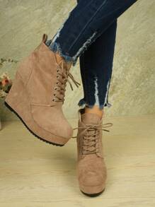 Bottines pour femmes, chaussures compensées synthétique de couleur unie, bottes à plateforme imperméable à lacets avec semelle épaisse, chaussures rehaussantes