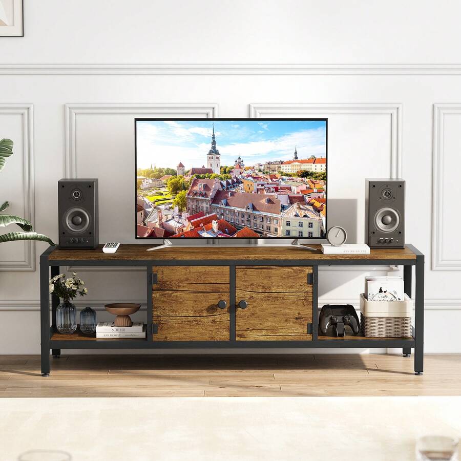 65-Inch TV Stand With Storage - Wooden Entertainment Center For Up To 75 Inch TVs, Features Closed Storage Spaces And Open Shelves For Living Room And Bedroom - 棕色 - 查看 1