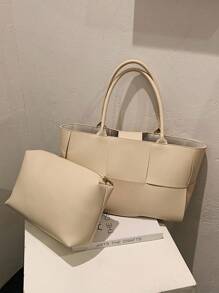 1 pieza Bolso de totora de negocios casual de moda, de unicolor, con trenza de PU, con juego de monedero, con asas dobles, bolso de hombro con imán para mujer, para estudiantes universitarios, para negocios/viajes/compras/regalo del día del maestro