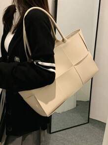 1 pieza Bolso de totora de negocios casual de moda, de unicolor, con trenza de PU, con juego de monedero, con asas dobles, bolso de hombro con imán para mujer, para estudiantes universitarios, para negocios/viajes/compras/regalo del día del maestro