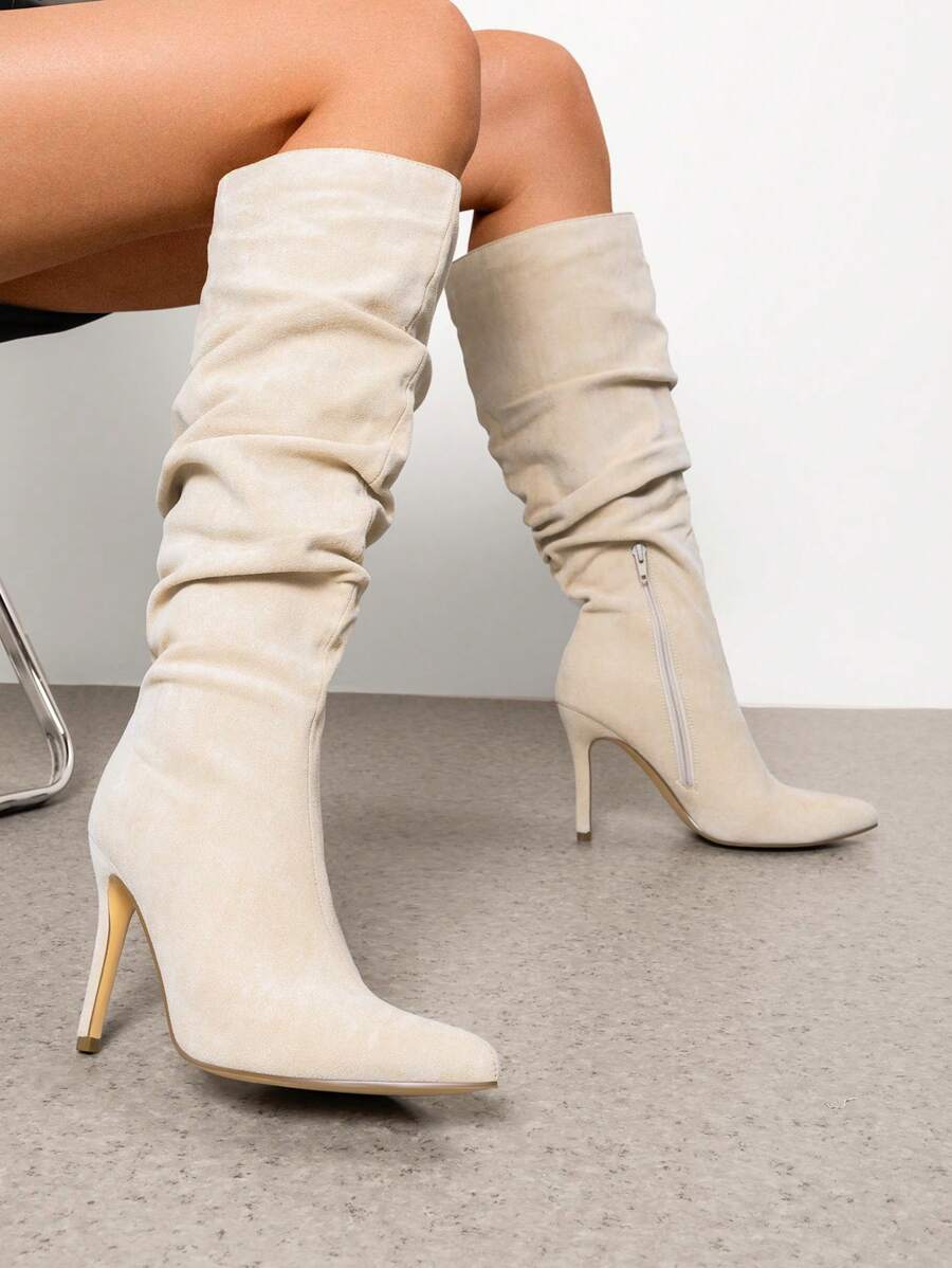 Knee High Boots For Women, Pointed Toe Stiletto High Heel Slouchy Suede Sexy Comfortable All-Day Wear For Dating And Party Tall Boots - 米色 - 查看 1