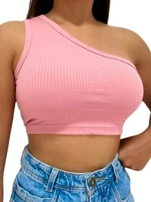 Basic One Shoulder Mula Manca Cropped Top - 乾枯玫瑰色 - 查看 1