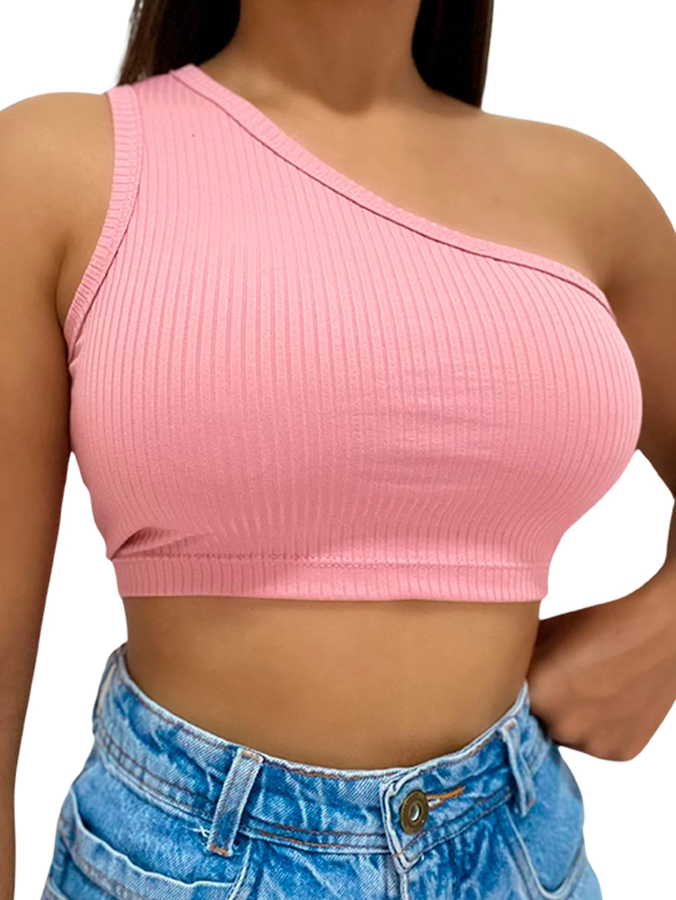 Basic One Shoulder Mula Manca Cropped Top - 乾枯玫瑰色 - 查看 1