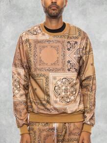 Men's Regular Fit Paisley Printed Fleece Long Sleeve Pullover Sweatshirt - Khaki - View 4