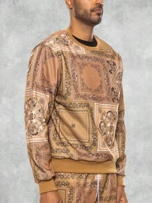 Men's Regular Fit Paisley Printed Fleece Long Sleeve Pullover Sweatshirt - Khaki - View 5