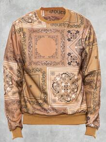 Men's Regular Fit Paisley Printed Fleece Long Sleeve Pullover Sweatshirt - Khaki - View 1