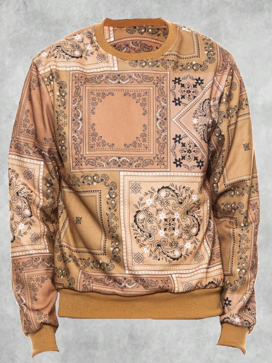 Men's Regular Fit Paisley Printed Fleece Long Sleeve Pullover Sweatshirt - Khaki - View 1