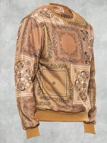 Men's Regular Fit Paisley Printed Fleece Long Sleeve Pullover Sweatshirt - Khaki - View 2