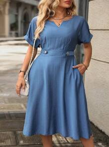 Vestido casual de talla grande con cuello hueco, mangas de murciélago - Azul - Ver 1