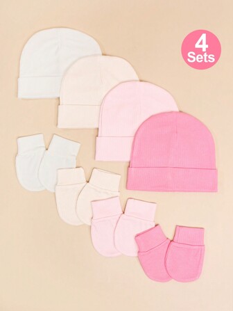4Sets Pink Newborn Hospital Hat Baby Hat And Anti Scratch Mittens Set For 0-3 Months Newborn Baby Girls Essentials Bonnet Infant Beanie Caps And Gloves Casual Everyday Hat