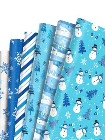 12pcs Christmas Tree Snowman Snowflake Blue Christmas Gift Decorative Paper Christmas Party Gift Packaging Supplies, Halloween, Halloween Decoration