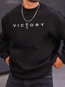 Men Spring/Autumn Casual Letter Print Crew Neck Sweatshirt - Black - View 1