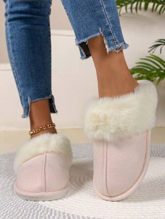 Women's Plush Comfortable Non-Slip Durable Faux Rabbit Fur Slide Slippers, Faux Suede Lining