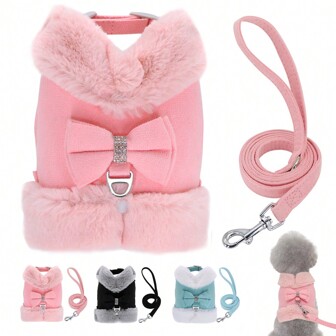 Nylon Winter Dog Harness & Leash Set, Bow Accent, Padded, Adjustable Size, Pet Outdoor Accessories