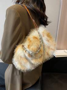 Ombre Plush Chain Underarm Bag, Suitable For Autumn And Winter Outdoor Use - Brown - View 4
